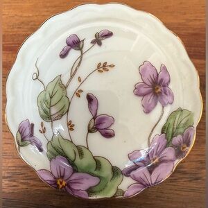 Lefton Floral Trinket Box Jewelry Purple Porcelain Design VTG Forget Me Not